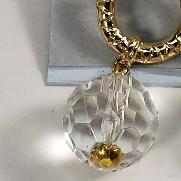 Gold-Tone Textured Hoop Earrings w/ Clear Crystal Drop – Bold Statement Jewelry - Picture 5 of 8